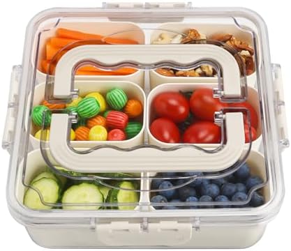 Divided Serving Tray with Lid and Handle, Portable Snack Box Container, 6 Compartments Veggie Fruit Snackle Tray,Charcuterie Platter Box Container for Party, Travel, Entertaining,Picnic, SMALL SIZE