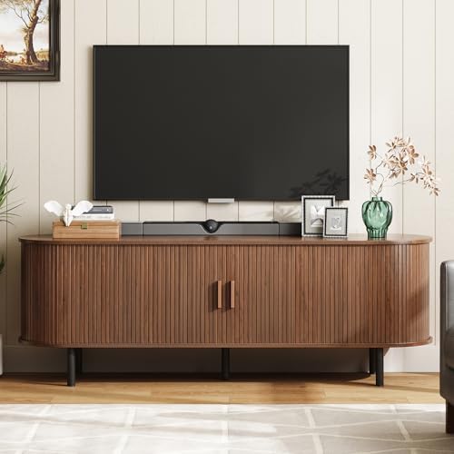 ONBRILL 63" TV Stand with Power Outlet for TVs up to 70 Inch, Entertainment Center with Storage and Adjustable Shelves, Modern Media Console with Sliding Doors for Living Room, Walnut