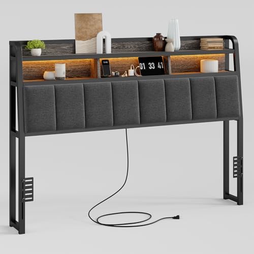 Ergonomic Headboard for Queen Size Bed with 2-Tier Storage, Upholstered Headboards with Outlets, USB Ports, LED Light, Queen Head Board Only, Height Adjustable, Sturdy and Stable, Black & Grey