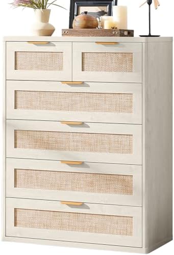 LEYAOYAO White Dresser for Bedroom, 41" Tall Chest of Drawers, Modern 6 Drawers Boho Rattan Dressers with Storage, Dresser Wooden Closet Organizer for Living Room, Hallway