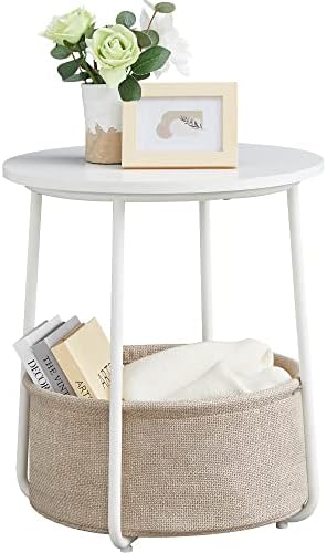 VASAGLE Small Round Side End Table, Modern Nightstand with Fabric Basket, Matte White and Camel Brown ULET223W10