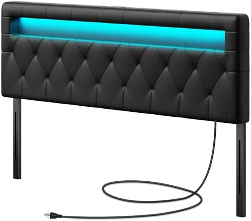 GREENSTELL Headboard for Queen Size Bed with 60,000 DIY color of LED Light, USB & Type C Post, Attach Frame, Height Adjustable, Black Wall Mounted Head Boards Only, Sturdy & Stable, Comfortable, Queen
