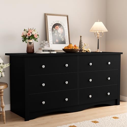 Shahoo Dresser for Bedroom, 6 Drawer Dressers, Storage Tower Unit, Modern Closet Store Organizer for Living Room, Hallway (Dark Black)