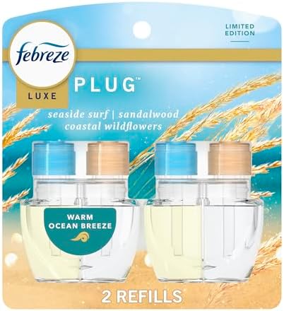Febreze Plug In Air Freshener, Odor-Fighting Scented Oil Refill, Warm Ocean Breeze, 2 Refill