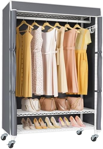 VIPEK R3C Portable Closet with Cover - Heavy Duty Freestanding Clothes Rack with Wheels & Hanging Rod & Side Hooks, 36.6" Lx17.3 Wx72.4 H, White Rack with Grey Upgraded Polyester Cover