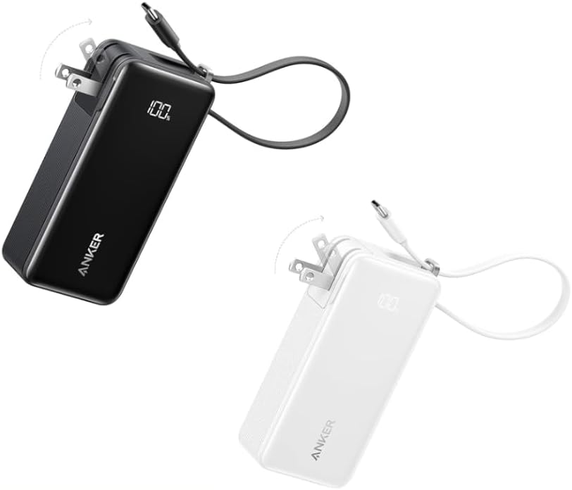 Anker 3-in-1 Power Bank USB C Charger Block, 10,000mAh Portable Charger with Built-in USB-C Cable and Foldable AC Plug, 30W Max Compact Battery Pack, for iPhone 15 Series, Galaxy, MacBook, and More