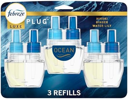 Febreze Plug In Air Freshener, Odor-Fighting Scented Oil Refill, Air Fresheners for Home and Bathroom and Kitchen, Long Lasting for Strong Odors, Ocean Scent, 0.87oz Refills, 3 Count