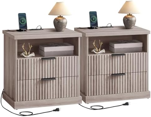 VASAGLE MAXE Collection - Set of 2 Nightstands with Charging Station, Bedside Table, Side End Table with 2 Drawers, Open Shelf, 2 AC Outlets, 2 USB Ports, Transitional, Bedroom, Washed Gray ULET926G01