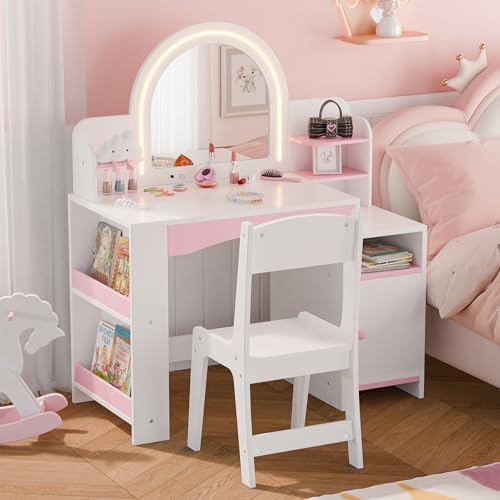 MU Kids Vanity with Lights, Princess Makeup Vanity Desk with Open Bookshelf, Storage Cabinet & Shelves, 2 in 1 Toddler Vanity Table & Chair Set with Lighted Mirror for Little Girls (White)