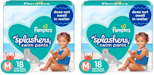 Pampers Splashers Swim Diapers - Size M, 18 Count, Gap-Free Disposable Baby Swim Pants (Pack of 2)