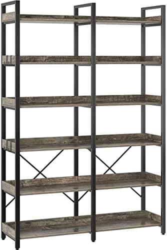 Seventable Bookshelf 6 Tier with 4 Hooks,67”Industrial Wooden Bookcase, Vintage Storage Rack with Open Shelves, Rustic Standing Bookshelves Metal Frame 43.3” Wide Display Rack, Gray