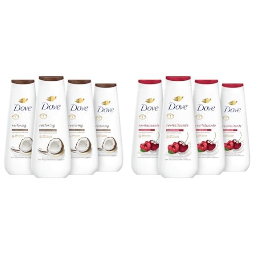Dove Body Wash Restoring Coconut & Cocoa Butter 4 Count for Renewed & Body Wash Revitalizante Cherry & Chia Milk 4 Count for Renewed