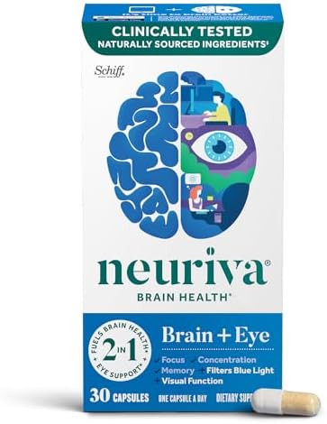 NEURIVA Brain + Eye Supplement for Memory, Focus & Concentration with Lutein & Vitamins A C E and Zinc for Eye Health & Zeaxanthin to Filter Blue Light, 30ct Capsules