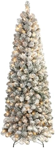 SHareconn 9ft Prelit Snow Flocked Artificial Hinged Slim Pencil Christmas Tree with Warm White Lights, Flocked Pencil Spruce Tree, Perfect Decoration Choice for Xmas Holiday, 9 FT, Flocked Green