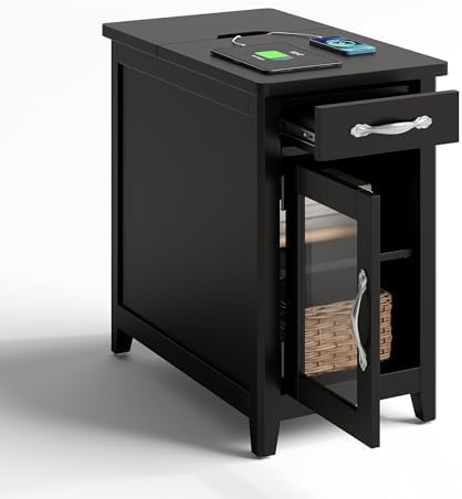 LINSY HOME End Table with Charging Station, Side Table for Bedroom with Drawer and Detachable Holder, Storage Shelf with Glass Door, Extra Storage & Display Space, Small Nightstand for Living Room