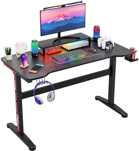 PayLessHere 47 Inch Gaming Desk T-Shape Office Desk Large Modern Ergonomic Racing Style Table Gaming Workstation for Home Office with Cup Holder Headphone Hook
