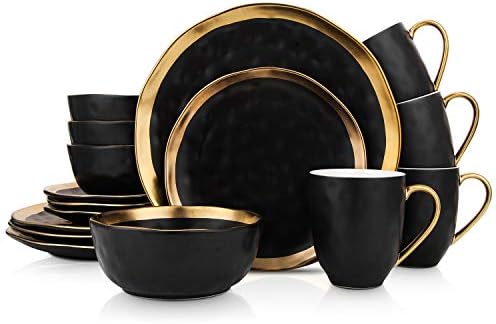 Stone Lain Florian Modern Porcelain 16 Piece Dinnerware Set, Plates and Bowls Set, Dish set for 4, Black And Golden Rim