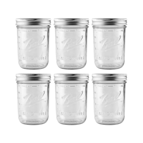 Ball - 16 oz Wide Mouth Glass Mason Jars | 6 Pack Jars with Airtight Lids | Large Glass Jar for Food Storage with Lids | Ideal for Canning, Fermentation, Pickling, Kombucha Brewing