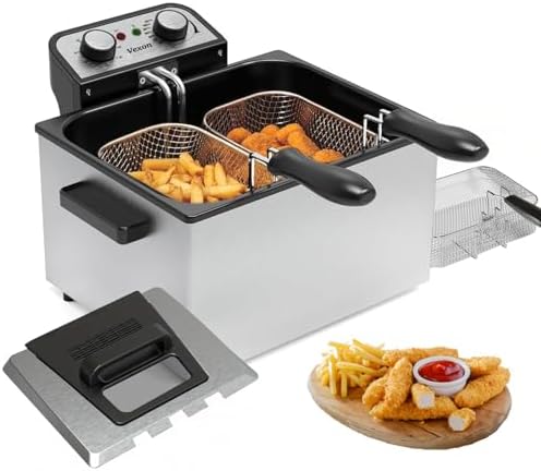 1800W 5 Liters/21 Cups Large Electric Deep Fryer with 3 Frying Baskets, Adjustable Temperature,View Window Lid,Countertop Stainless Steel Body Deep Fryer Pot,Perfect for Kitchen, Fry Fish for Home Use