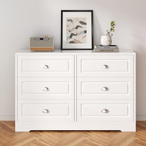 Shintenchi Dresser for Bedroom with 6 Drawers,Double Dresser & Chest of Drawers Wooden Organizer with Metal Handle, Storage TV Stand for Living Room,White