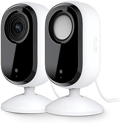 Arlo Essential Security Camera 2K | Indoor Only| 2nd Gen | Baby Monitor & Pet Camera | Wired Automated Privacy Shield, 2-Way Audio, Night Vision, Live Stream, Motion Alerts & Notifications White,2 Cam