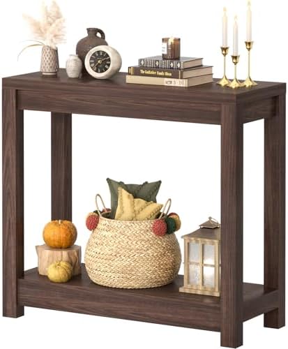 Small Farmhouse Wood Entryway Table Narrow Console Table with Storage Behind Couch Sofa Table with Shelves Entry Way Tables with Open Storage, Easy Assembly, 32" Black Walnut