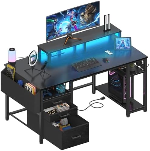Lufeiya Gaming Desks with Led Lights and Power Outlets, 55 Inch Computer Desk with File Drawers Cabinet, Home Office Desk with Shelves Monitor Stand, Black
