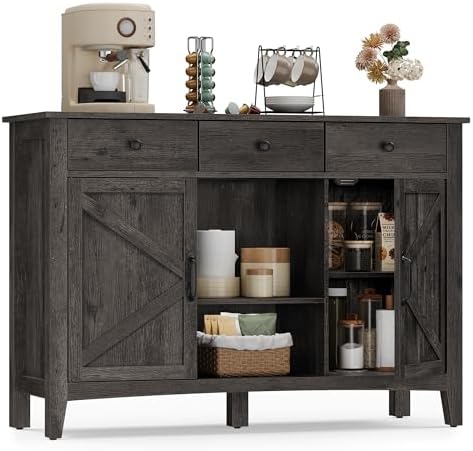 VASAGLE LIRY Collection - Buffet Cabinet, Coffee Bar Cabinet with 3 Drawers, Adjustable Shelves, Sideboard Storage with Cable Holes, Drawer Dividers, Antique Charcoal UBBK371B02V1