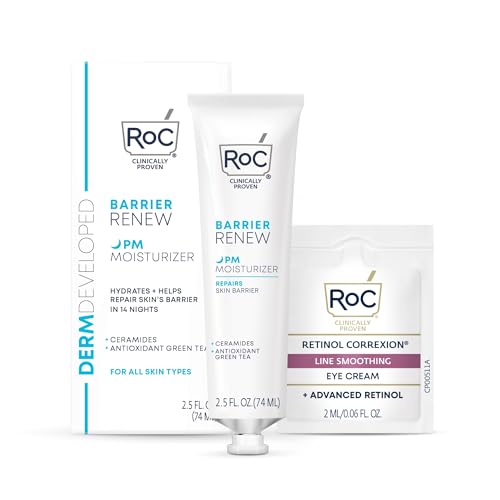 RoC Barrier Renew Night Moisturizer with Ceramides & Antioxidant Green Tea and Lipo Peptides to Renew Skin Barrier, (2.5 oz) with Retinol Eye Cream Packette