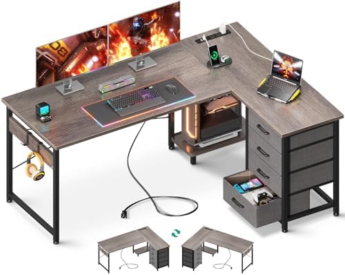 AODK L Shaped Desk with 4 Tier Drawers, 53" Reversible Gaming Desk with Power Outlets, L Shaped Computer Desk with USB Charging Port and Host Stand, Home Office Corner Desk, Easy to Assemble, Grey Oak