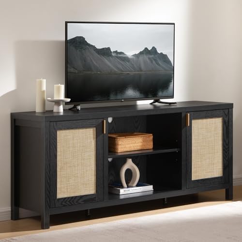 SICOTAS Rattan TV Stand for Living Room - 26" Tall Farmhouse Entertainment Center with Storage and Wicker Door, Media TV Console Cabinet for TVs Up to 65 Inch, Black Oak