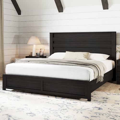 AMERLIFE Farmhouse King Size Bed Frame with 49" Fluted Headboard, Wood Platform Bed with Natural Grain, No Box Spring Needed/Noise Free, Black