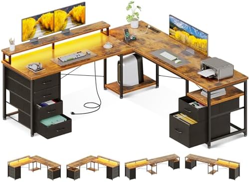 AODK 66" L Shaped Computer Desk, 113“ Reversible Home Office Desk with File Cabinet & 4 Fabric Drawers, Two Person Desk with LED Lights & Power Outlet, Corner Gaming Desk with Monitor Shelf, Vintage
