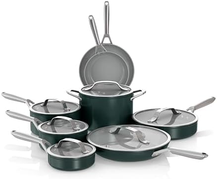 Ninja NeverStick Ceramic Pro 14-Piece Cookware Set, Non-Stick Pots & Pans Set with Glass Lids, Ceramic, Stainless Steel, Stove to Oven Safe, All Stovetops & Induction Compatible, Green, CW39014GN