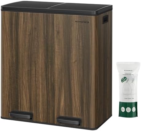 SONGMICS Trash Can, 2 x 8-Gallon Garbage Can for Kitchen, with 15 Trash Bags, 2 Compartments, Plastic Inner Buckets and Hinged Lids, Airtight, Dark Walnut ULTB060N02V1