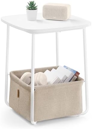 VASAGLE End Table, Side Table with Fabric Basket, Modern Nightstand, Square Bedside Table, for Living Room, Bedroom, Matte White and Camel Brown ULET229W10