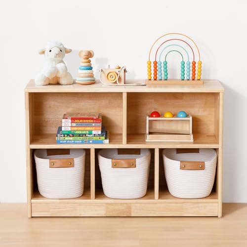 OOOK Rubber Wood 5-Compartment Montessori Shelf, 35.4" L Toddler Bookshelf, 2-Tier Wooden Storage Cabinet, Kids Classroom Organizer, Playroom, Daycare and Preschool Storage Shelves