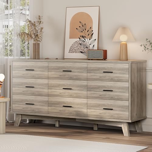 Dresser for Bedroom, 9 Drawer Wide Modern Chest of Drawers with X-Shaped Sturdy Base, Wood Double Dresser Closet Clothes Storage Organizer, Wooden TV Stand for Living Room, Hallway, Grey