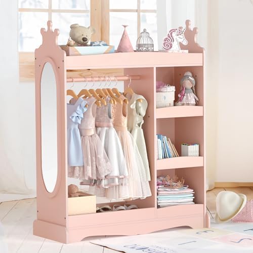 Curipeer Kids Dress up Storage with Mirror, Kids Wardrobe with 3 Hooks, Kids Closet for Girls Boys, Open Hanging Armoire Costume Organizer for Bedroom, Classroom, Preschool, Pink