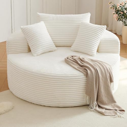 Oversized Round Chair Lounge Chaise Indoor, Upholstered Corduroy Deep Seat Cloud Large Circle Sofa Chair, No Assembly Required, Fluffy Modern Sleeper Sofa Bed for Reading, Living Room, Bedroom, White