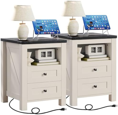 Night Stands with Charging Station Set of 2, Farmhouse Nightstand, White Wooden Bedside End Tables with 2 Drawers and Open Shelf, Bed Side Table for Bedroom, Living Room, Closet, Office