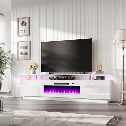 AMERLIFE Fireplace TV Stand with 40" Fireplace, 80" Modern High Gloss Fireplace Entertainment Center LED Lights, 2 Tier TV Console Cabinet for TVs Up to 90", White & White