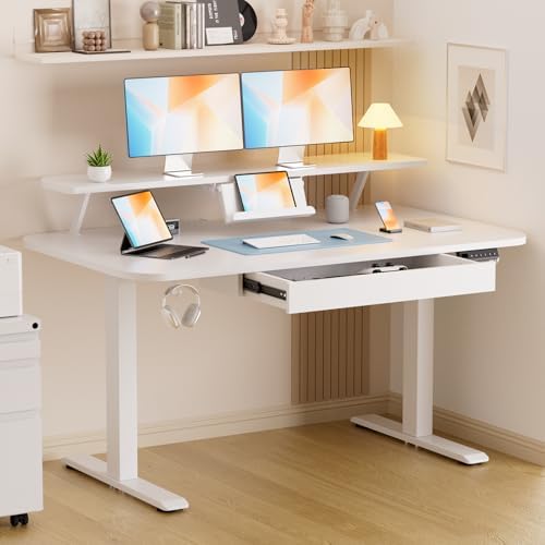 GTRACING Electric Standing Desk with Drawers, 48 x 24 Inches Height Adjustable Computer Desk with Monitor Stand, Laptop Stand, Sit Stand up Desk with Memory Preset for Home, Office, White