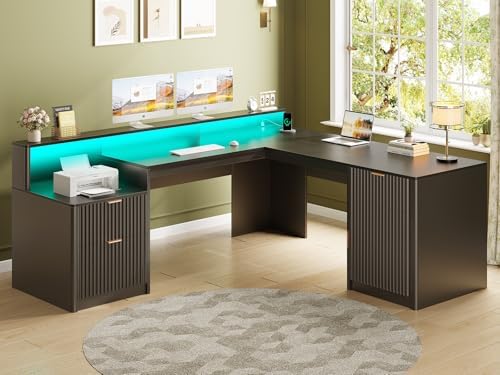 SEDETA 66" Modern L Shaped Desk with Drawers, Fluted Home Office Desk with File Cabinet and Printer Shelf, Wood Executive Desk with Monitor Stand, Power Outlets, Led Lights, Black