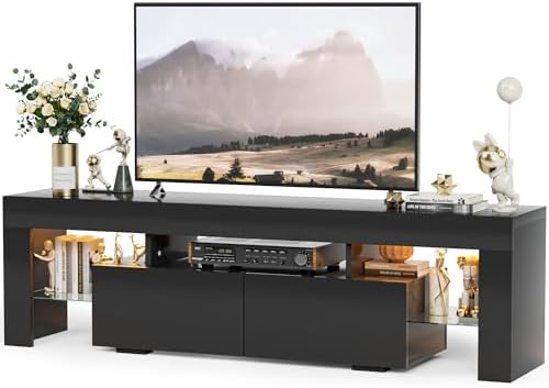 YESHOMY Modern Black LED TV Stand for Televisions up to 70 Inch with Glass Shelves and Drawer, Gaming Entertainment Center with Multiple Dynamic RGB Modes, for Livingroom, Bedroom, 60 Inch, Black