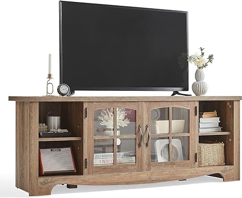 LINSY HOME Farmhouse TV Stand for 65 Inch TV, Wood Entertainment Center with Glass Door Storage Cabinet & Adjustable Shelves, Large Sturdy Console Table for Living Room & Bedroom
