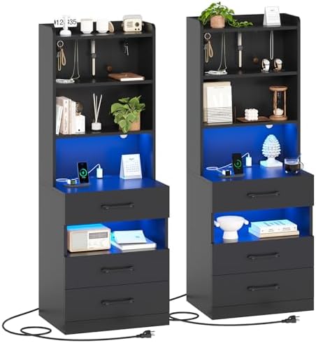 AOGLLATI Tall Night Stand Set of 2 with Charging Station and LED Lights, Black Nightstand with 3 Drawers and Adjustable Shelves, Modern Bedside Table with Bookshelf for Bedroom