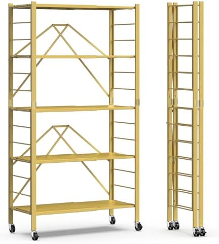 5 Tier Foldable Storage Shelves, Expandable Folding Shelving Units with Wheels, Changeable into 2 Shelf Units, Collapsible Adjustable Storage Rack Metal Shelves for Storage, Pantry, Garage, Gold
