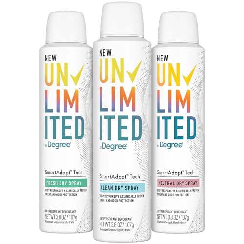Degree Deodorant for Women, Unlimited Dry Spray Variety Pack (Clean, Fresh & Neutral) - Deodorant Antiperspirant with 96-Hour Protection, Scented, 3.8 Oz Ea (3 Piece Set)