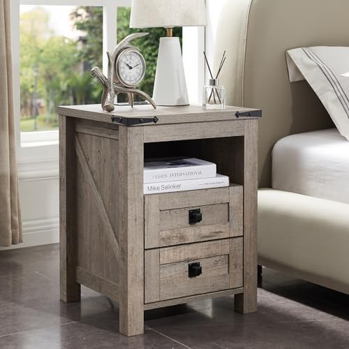 T4TREAM Nightstand with Charging Station, End Table, Side Table with 2 Drawers Storage Cabinet for Bedroom, Living Room, Farmhouse Design, Wood Rustic,Light Rustic Oak